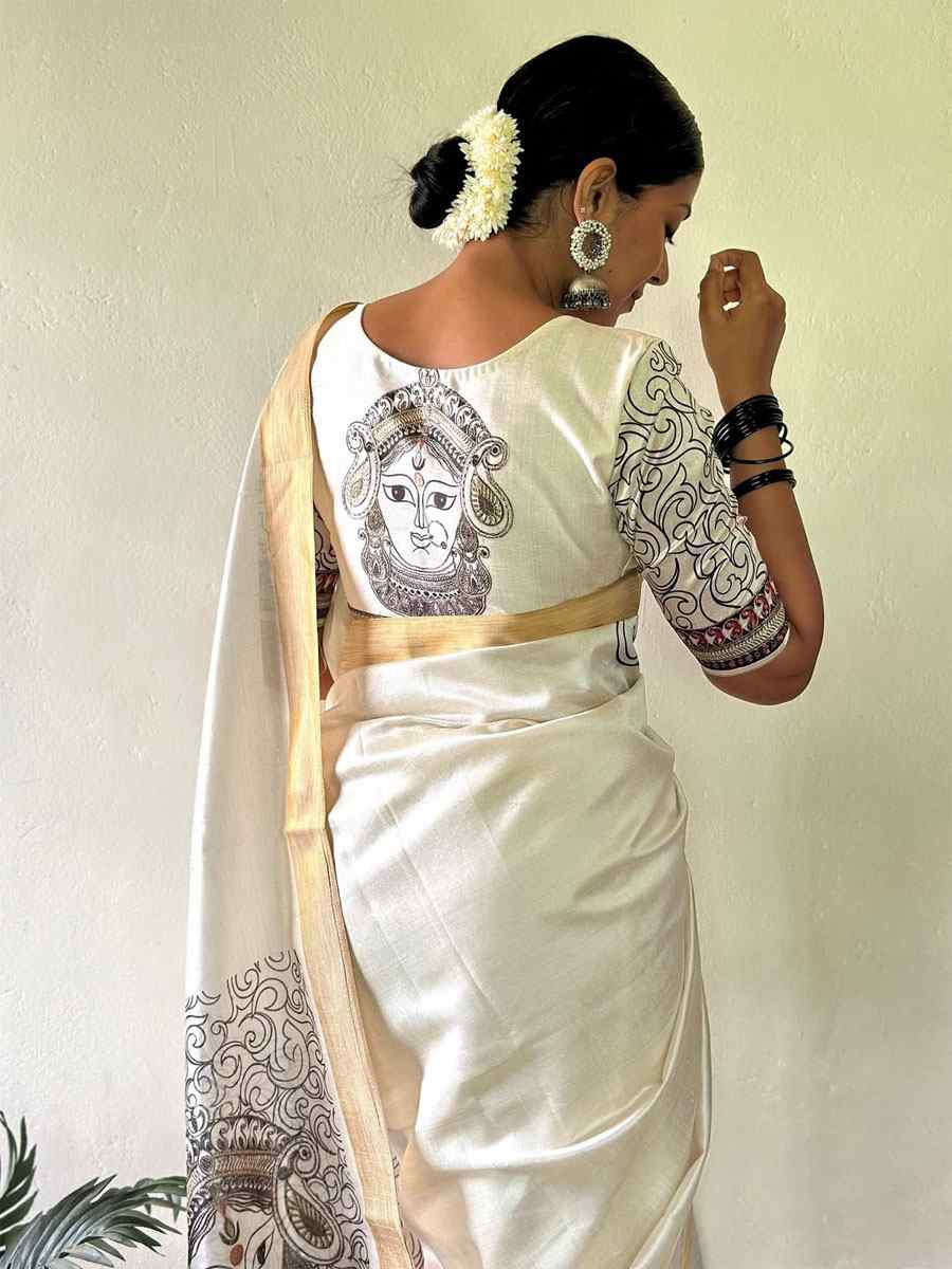 White Linen Cotton Printed Causal Reception Festival Wedding Fancy Classic Style Saree