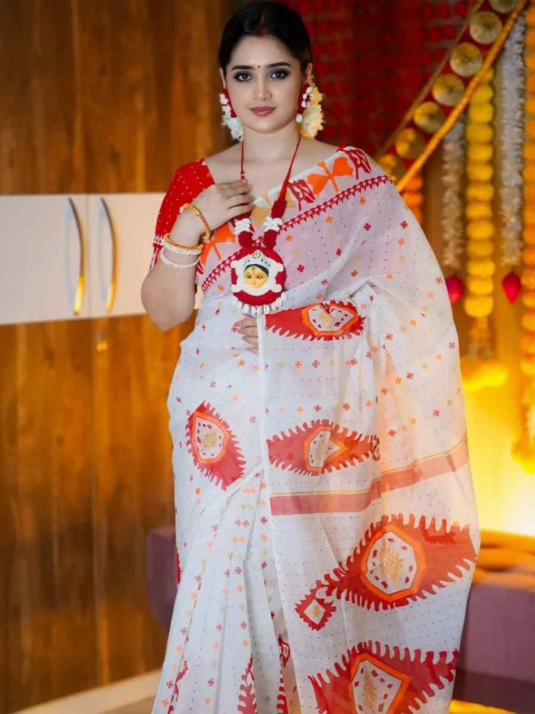 Image of White Linen Cotton Printed Causal Reception Festival Wedding Fancy Classic Style Saree