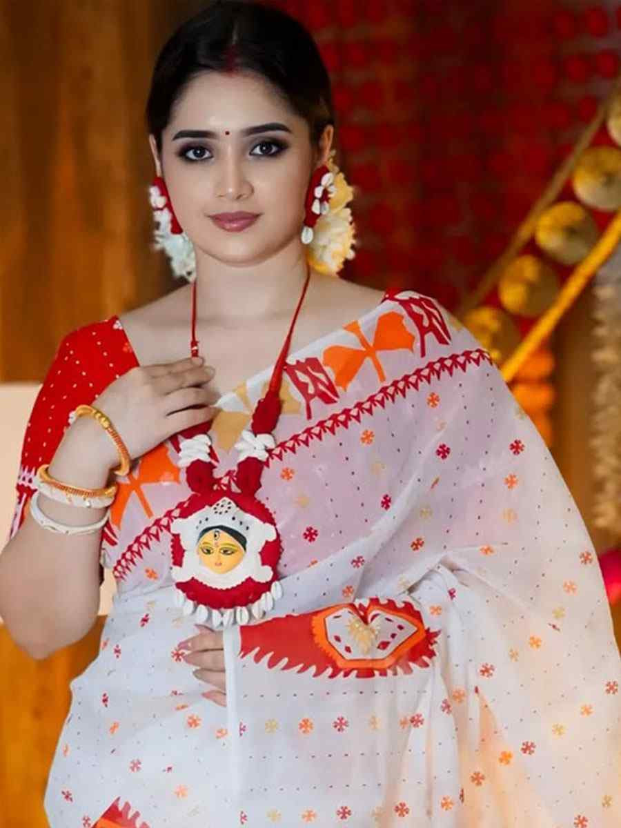 White Linen Cotton Printed Causal Reception Festival Wedding Fancy Classic Style Saree