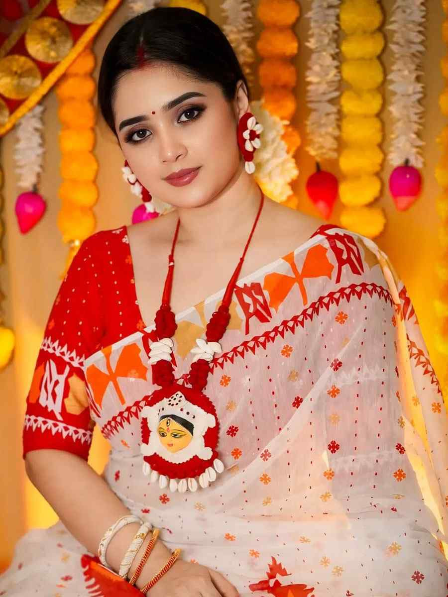 White Linen Cotton Printed Causal Reception Festival Wedding Fancy Classic Style Saree