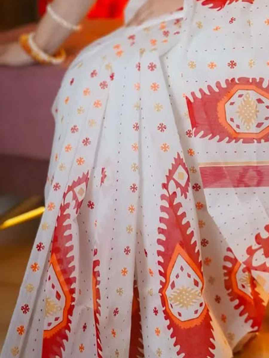 White Linen Cotton Printed Causal Reception Festival Wedding Fancy Classic Style Saree