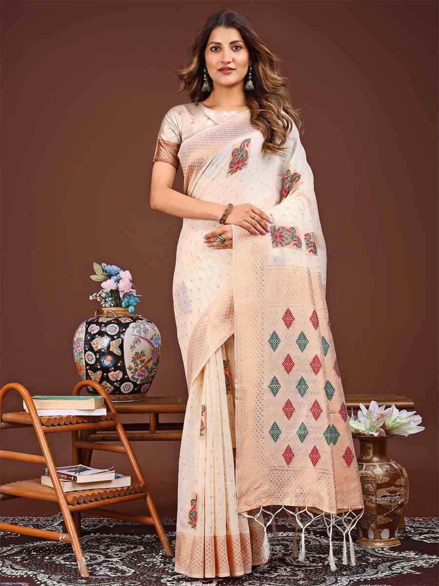 White Linen Cotton Printed Festival Wedding Fancy Heavy Border Saree
