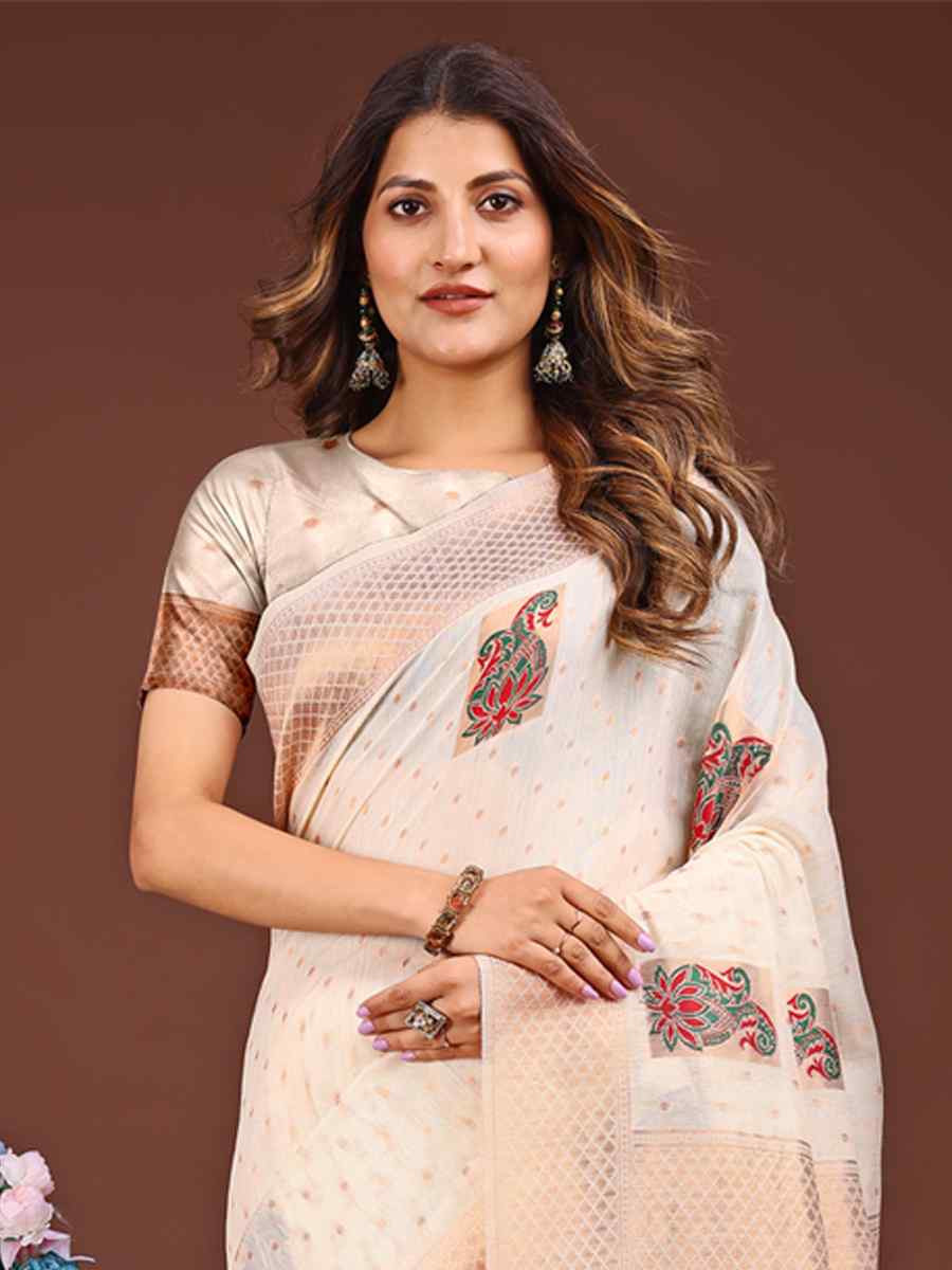 White Linen Cotton Printed Festival Wedding Fancy Heavy Border Saree