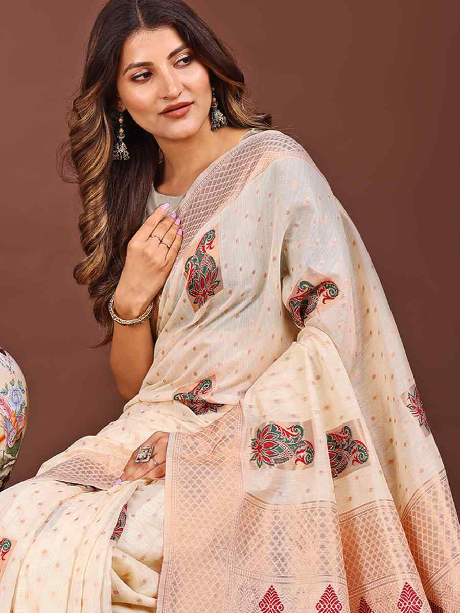 White Linen Cotton Printed Festival Wedding Fancy Heavy Border Saree