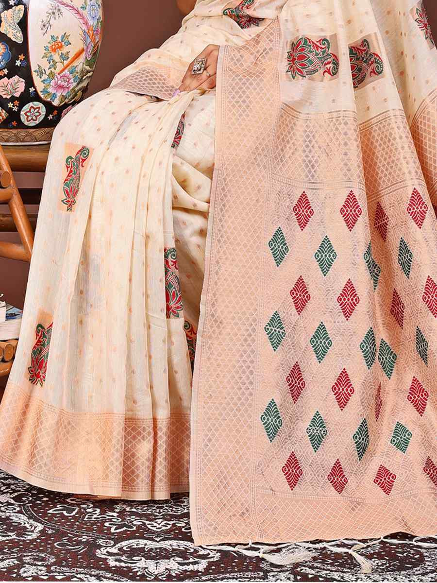 White Linen Cotton Printed Festival Wedding Fancy Heavy Border Saree