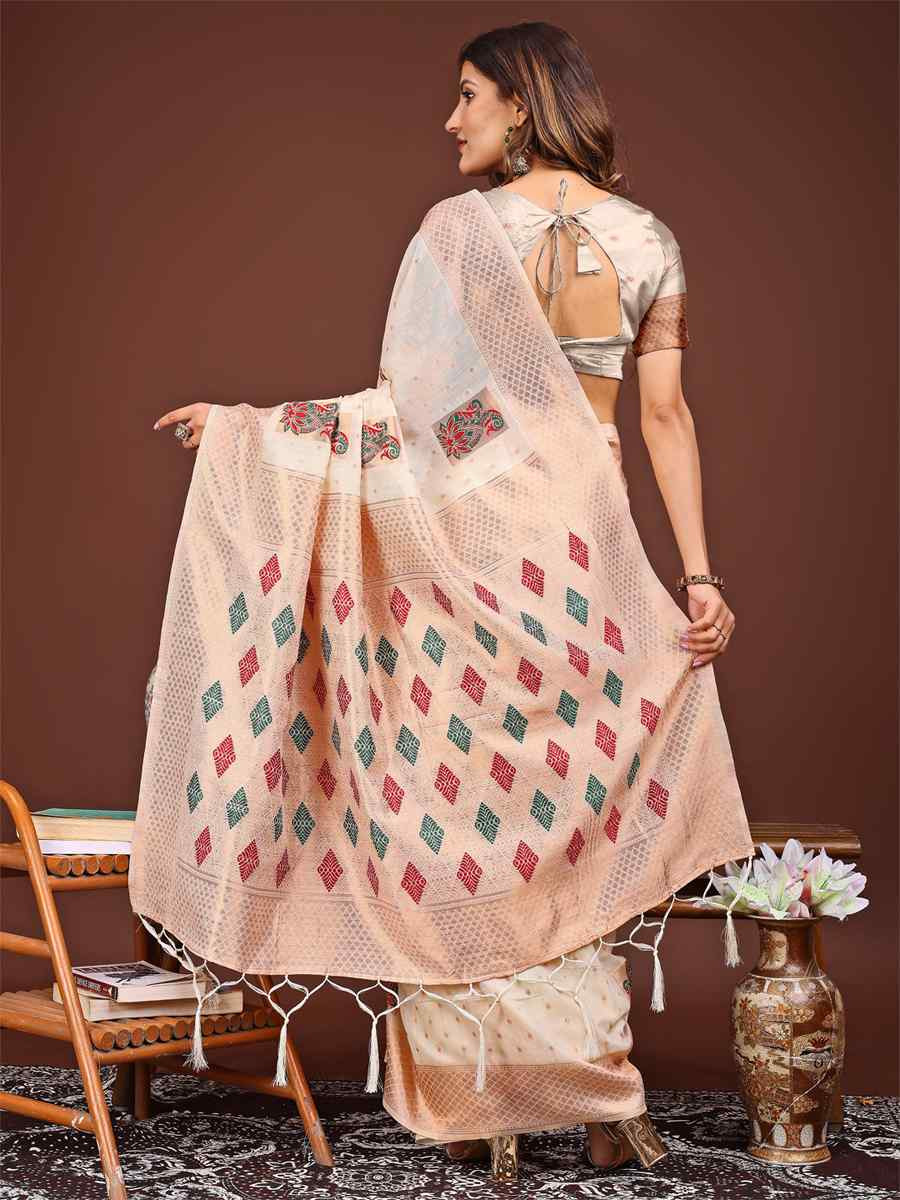White Linen Cotton Printed Festival Wedding Fancy Heavy Border Saree