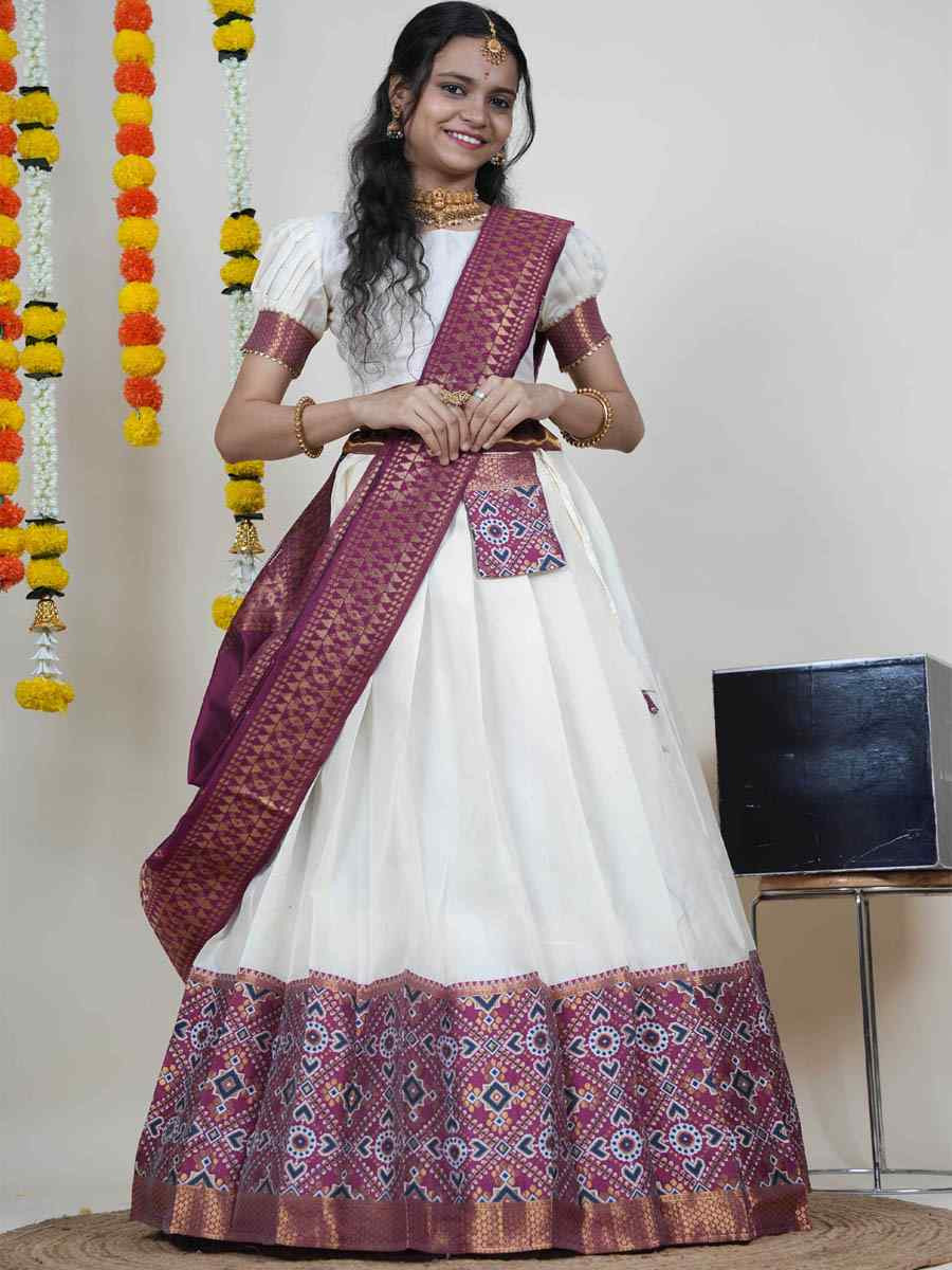 White Litchi Silk Printed And Handwoven Party Reception Wedding Lehenga Choli