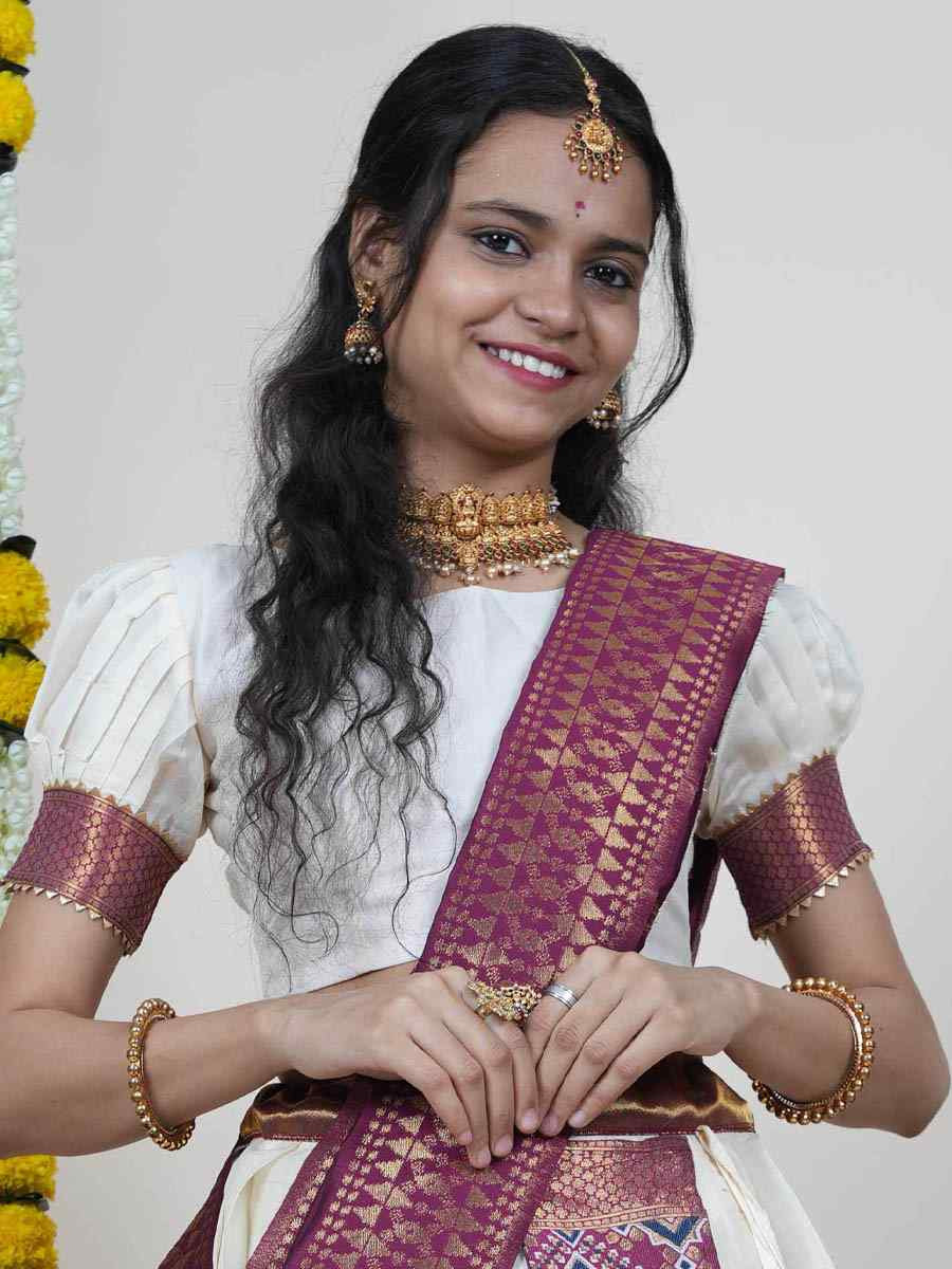 White Litchi Silk Printed And Handwoven Party Reception Wedding Lehenga Choli