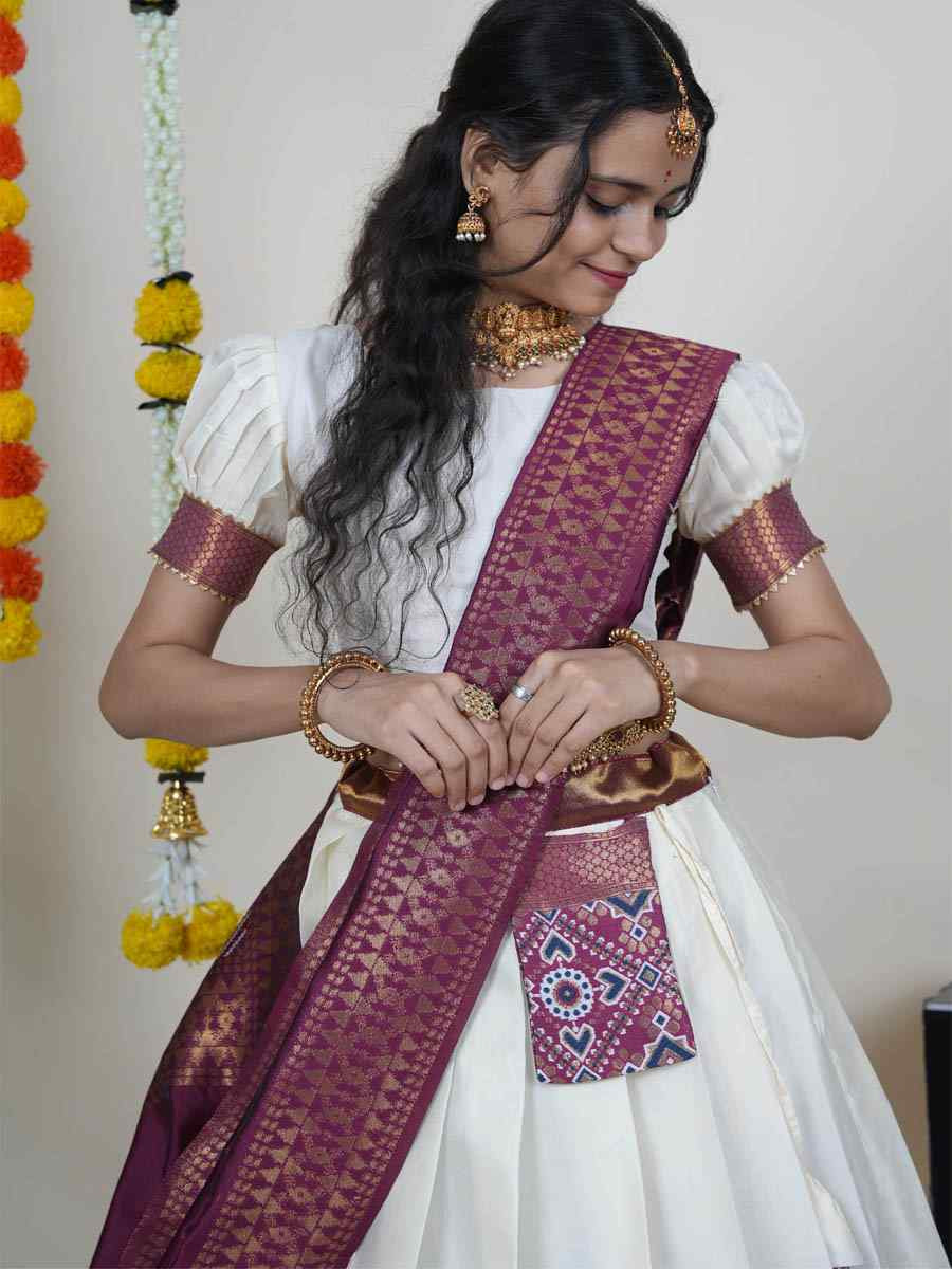 White Litchi Silk Printed And Handwoven Party Reception Wedding Lehenga Choli