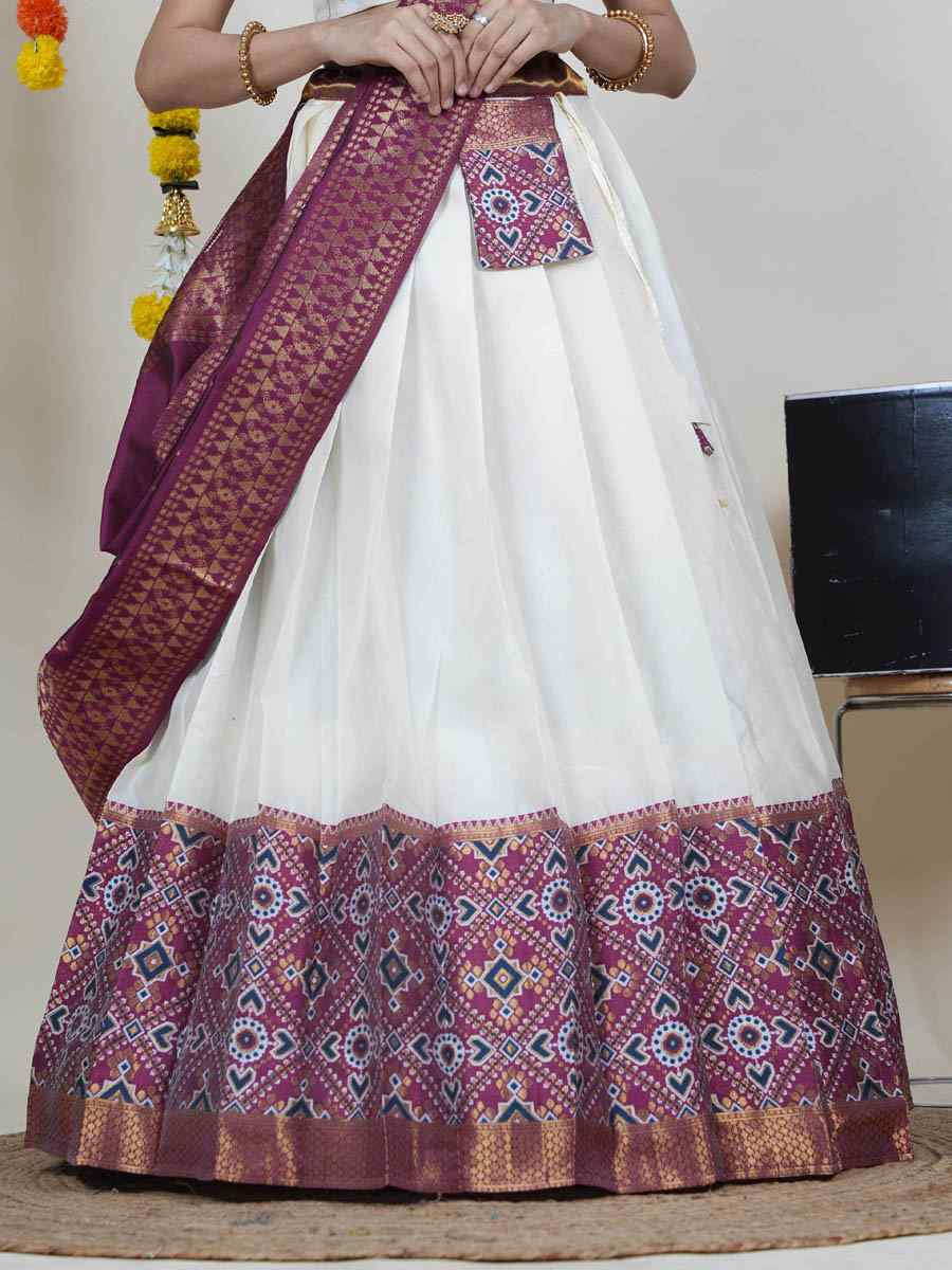 White Litchi Silk Printed And Handwoven Party Reception Wedding Lehenga Choli
