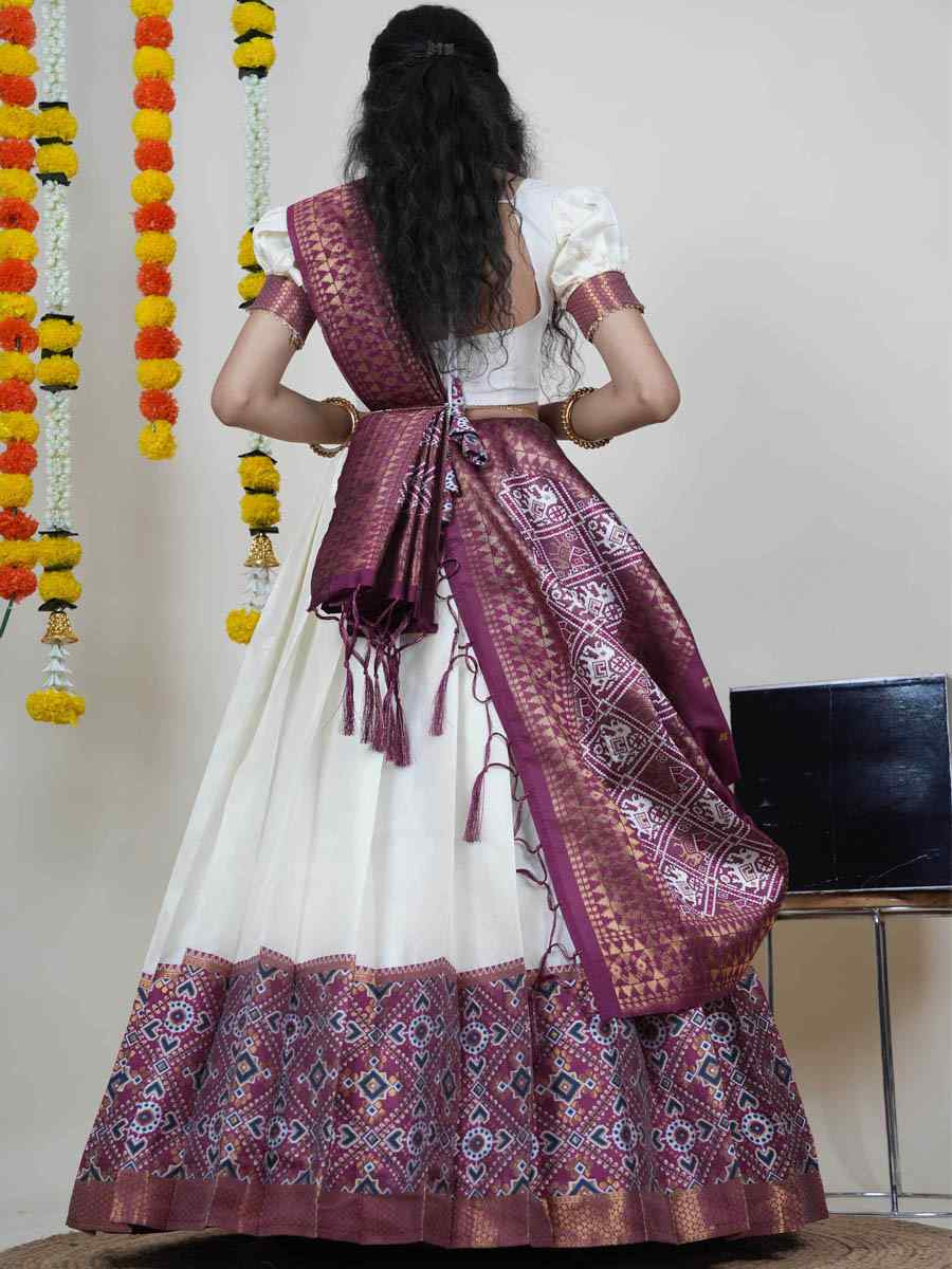 White Litchi Silk Printed And Handwoven Party Reception Wedding Lehenga Choli