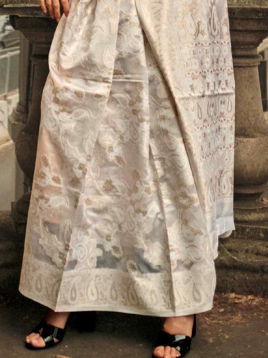 White Lucknowi Organza Handwoven Wedding Festival Heavy Border Saree