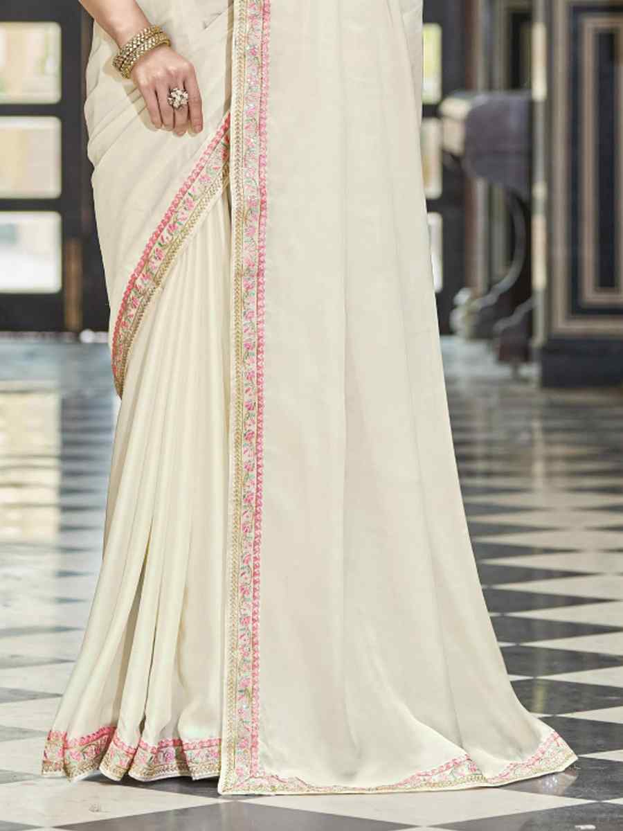 White Magestic Silk Embroidered Party Festival Heavy Border Saree