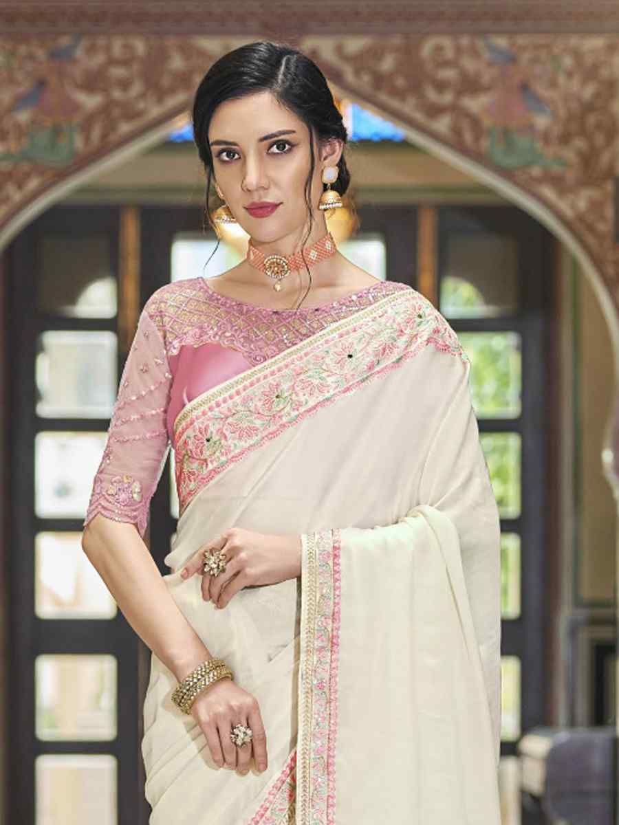 White Magestic Silk Embroidered Party Festival Heavy Border Saree