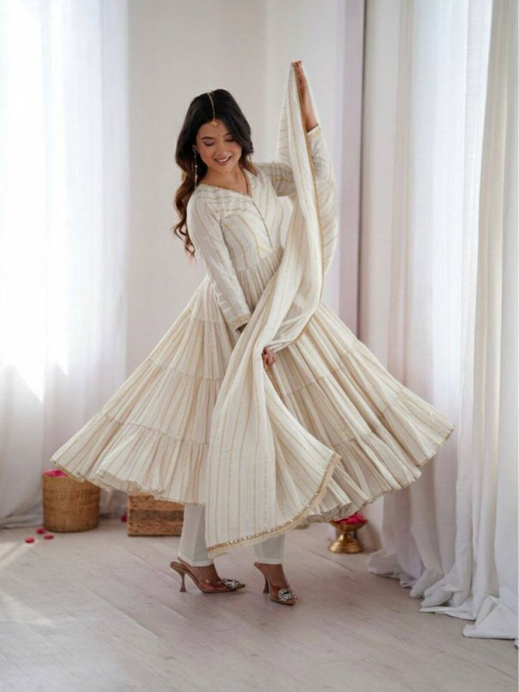 Image of White Mal Chanderi Silk Handwoven Wedding Party Festival Casual Ready Anarkali Pant Salwar Kameez