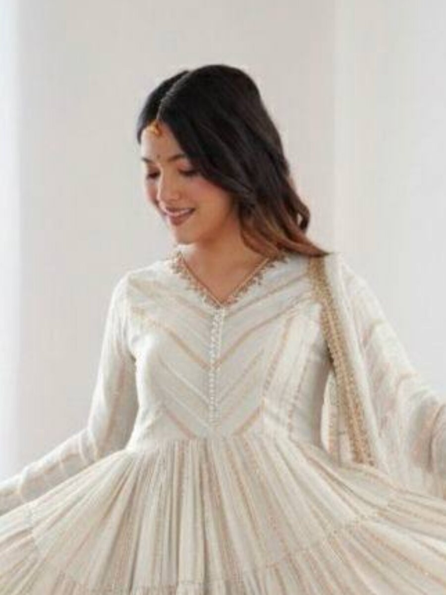 White Mal Chanderi Silk Handwoven Wedding Party Festival Casual Ready Anarkali Pant Salwar Kameez