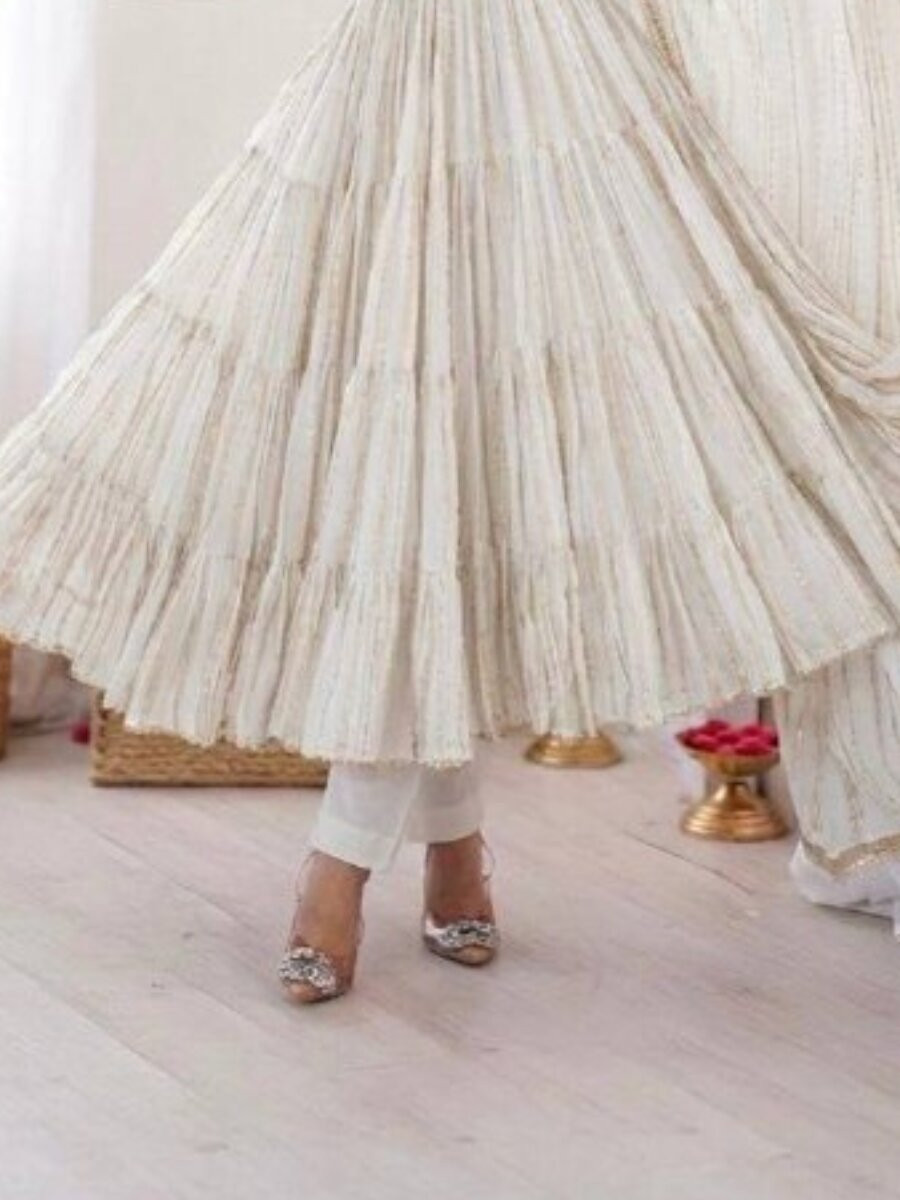 White Mal Chanderi Silk Handwoven Wedding Party Festival Casual Ready Anarkali Pant Salwar Kameez