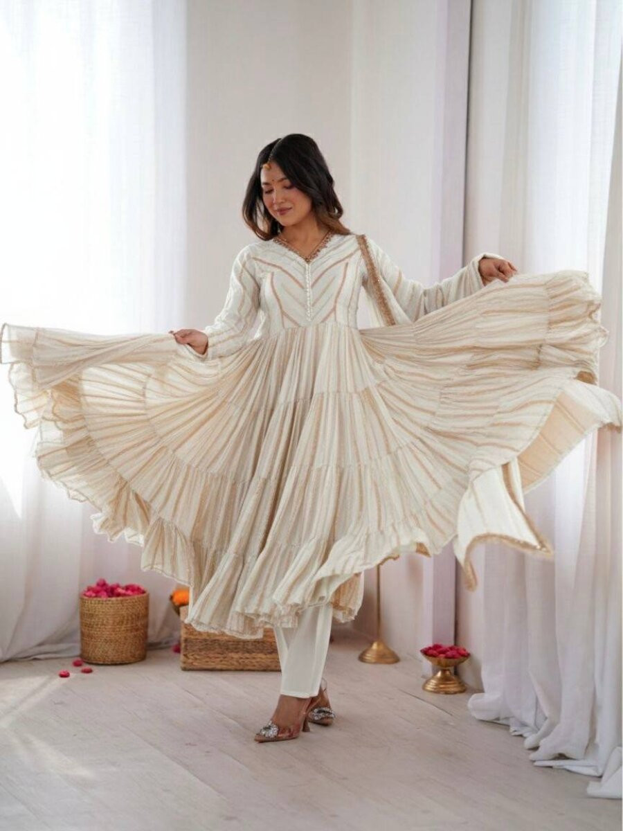 White Mal Chanderi Silk Handwoven Wedding Party Festival Casual Ready Anarkali Pant Salwar Kameez