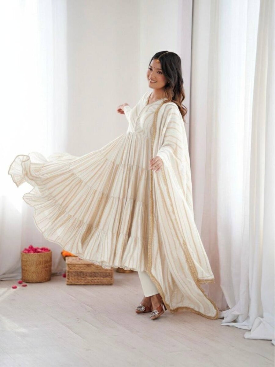 White Mal Chanderi Silk Handwoven Wedding Party Festival Casual Ready Anarkali Pant Salwar Kameez