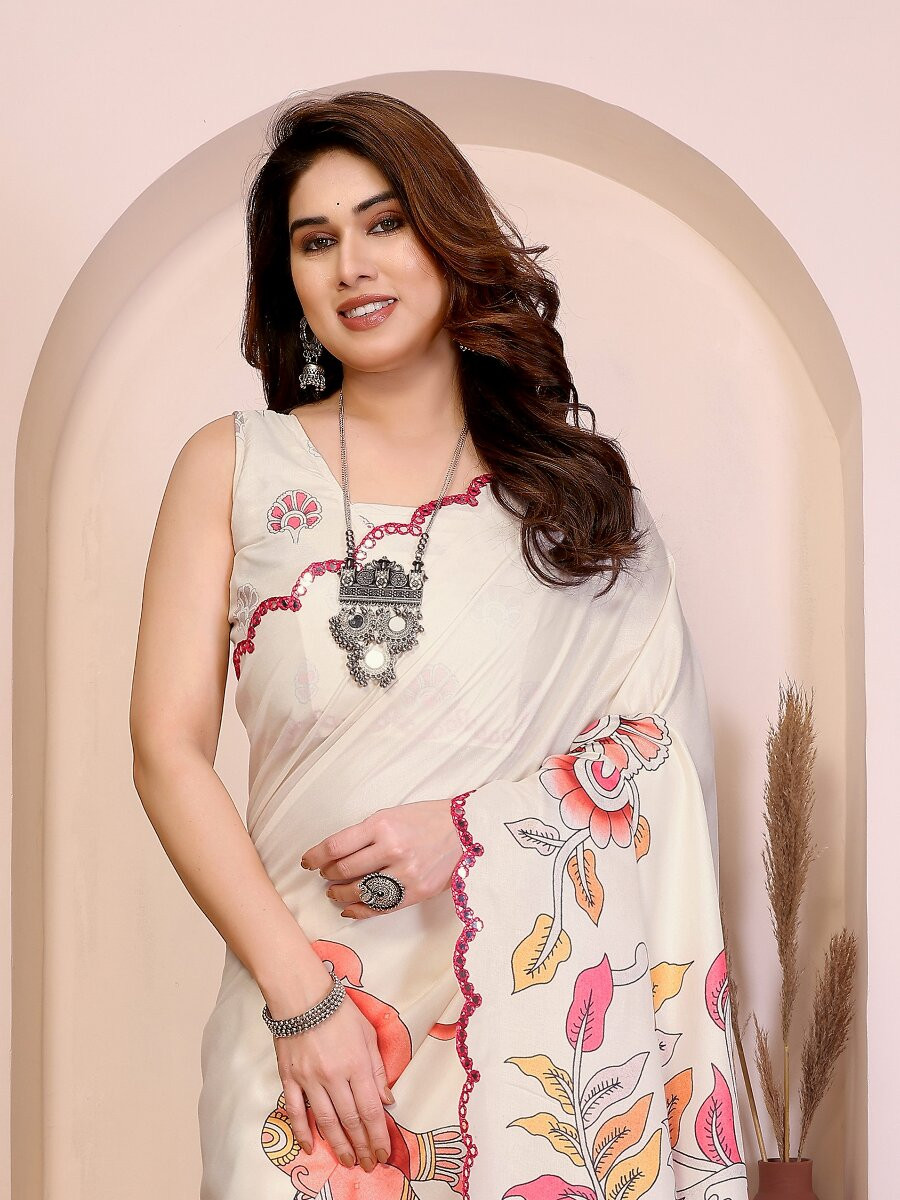 White Manipuri Digital Printed Wedding Reception Party Festival Casual Heavy Border Sarees