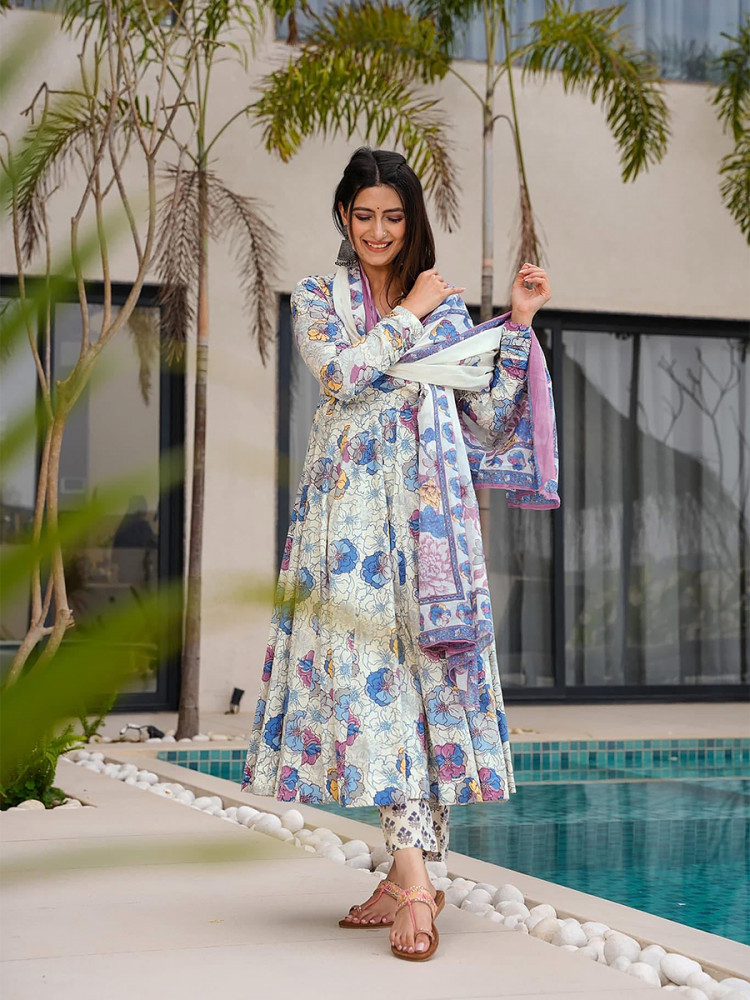 Image of White Maslin Printed Floral Wedding Party Festival Ready Anarkali Pant Salwar Kameez