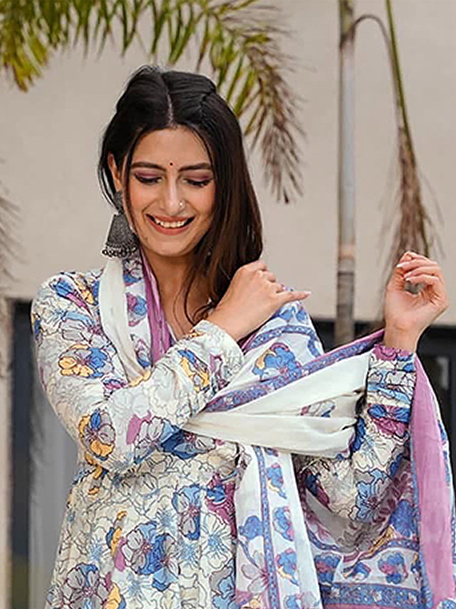 White Maslin Printed Floral Wedding Party Festival Ready Anarkali Pant Salwar Kameez