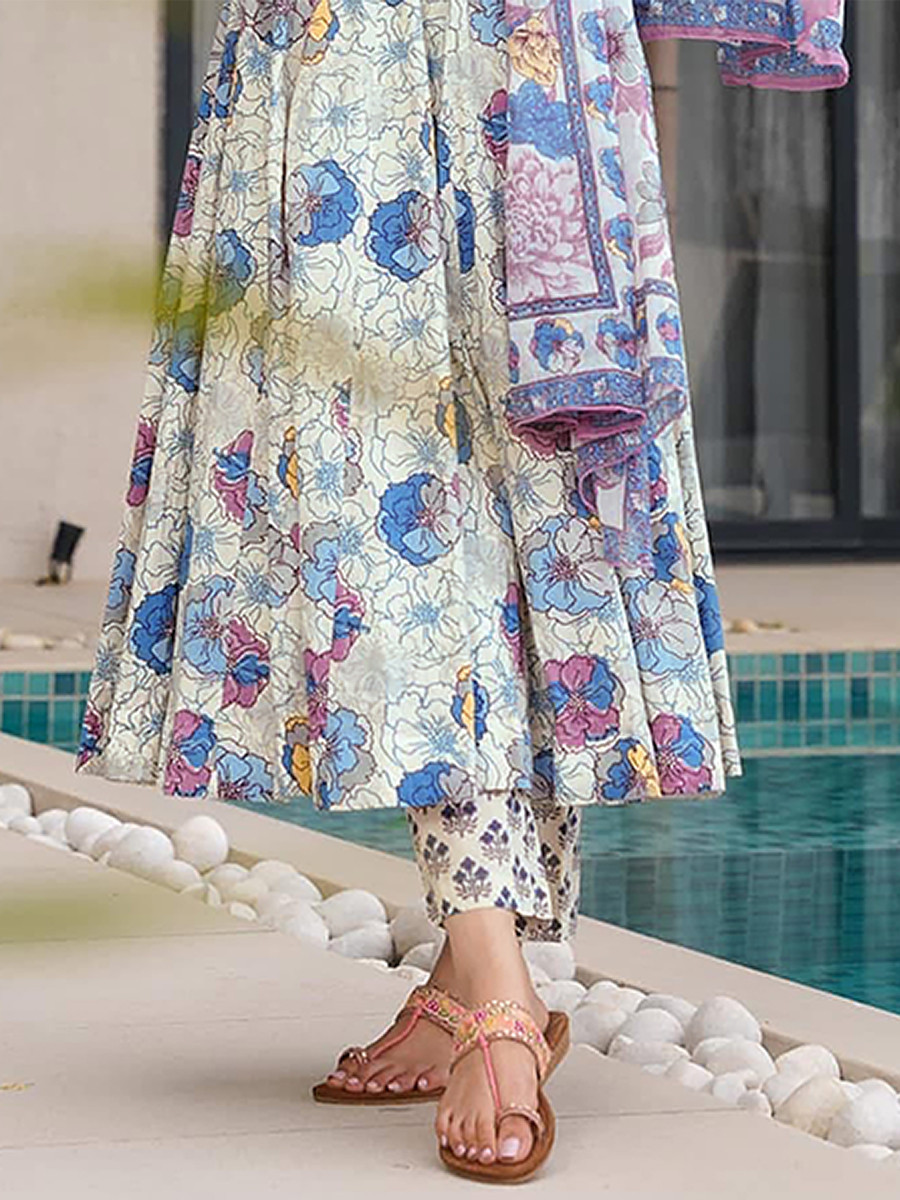 White Maslin Printed Floral Wedding Party Festival Ready Anarkali Pant Salwar Kameez