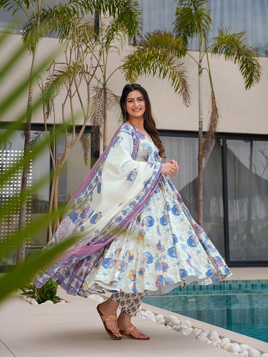 White Maslin Printed Floral Wedding Party Festival Ready Anarkali Pant Salwar Kameez