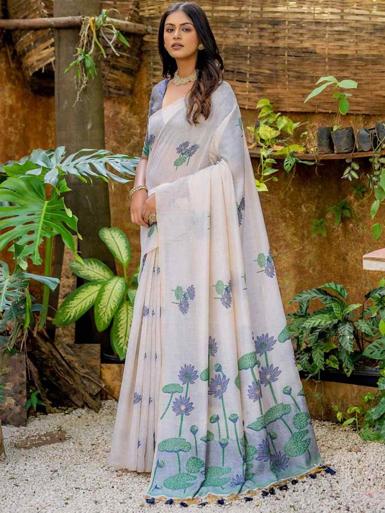 White Muga Cotton Handwoven Casual Festival Classic Style Saree