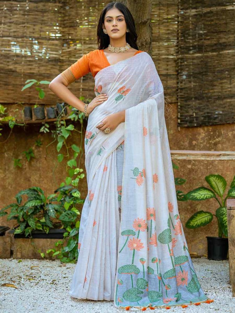 White Muga Cotton Handwoven Casual Festival Classic Style Saree