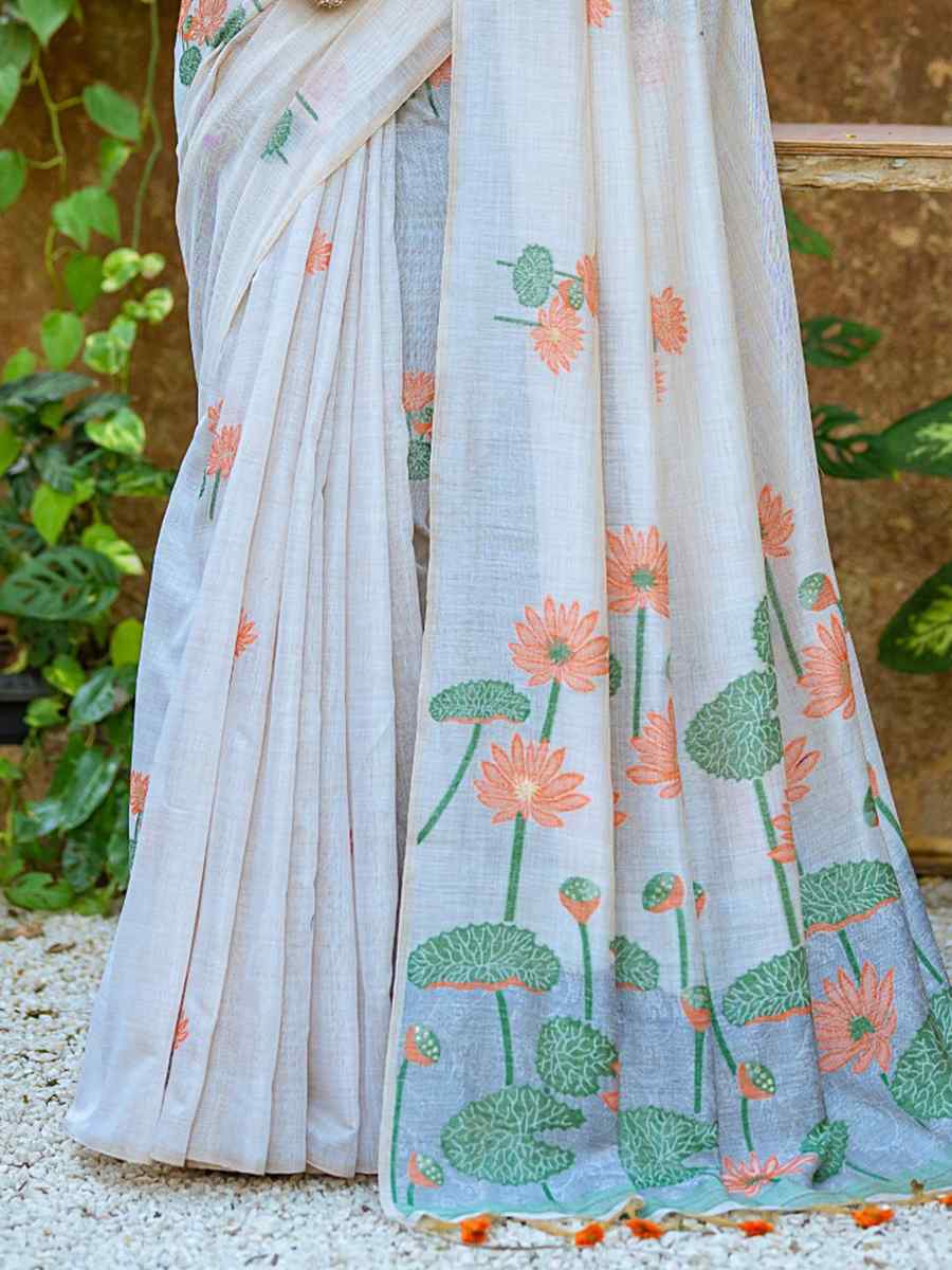 White Muga Cotton Handwoven Casual Festival Classic Style Saree