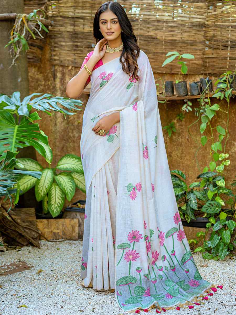 White Muga Cotton Handwoven Casual Festival Classic Style Saree