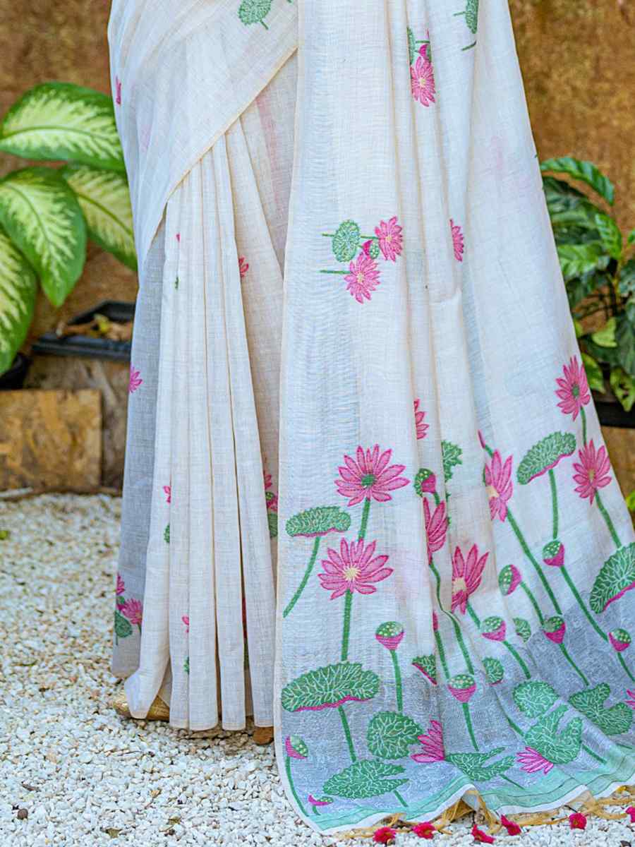 White Muga Cotton Handwoven Casual Festival Classic Style Saree