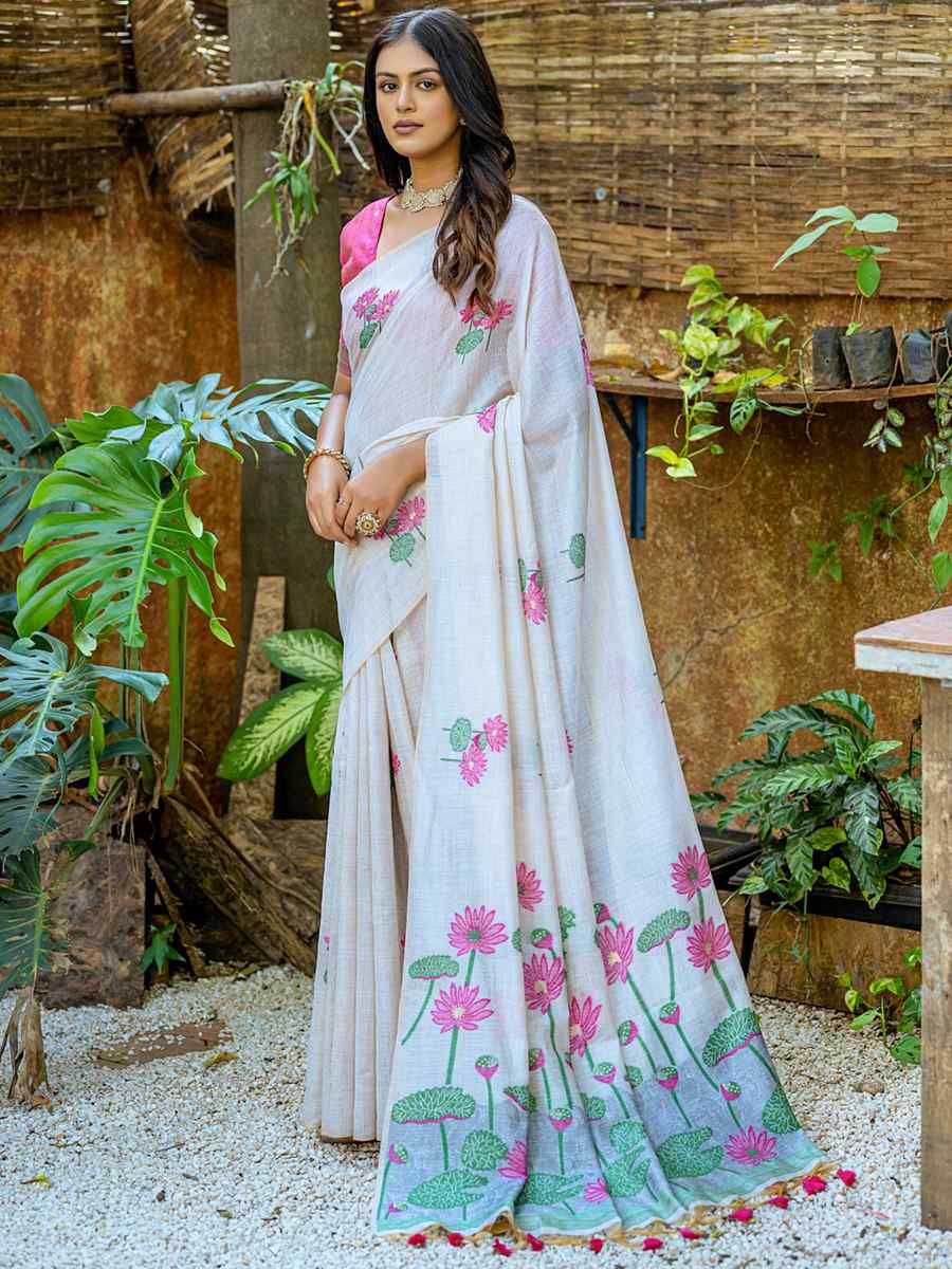 White Muga Cotton Handwoven Casual Festival Classic Style Saree