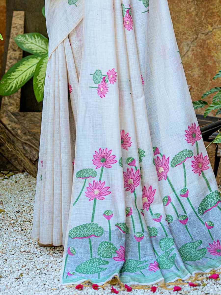 White Muga Cotton Handwoven Casual Festival Classic Style Saree