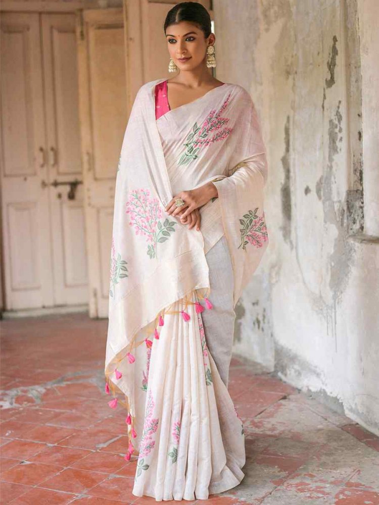 White Muga Cotton Handwoven Casual Festival Classic Style Saree