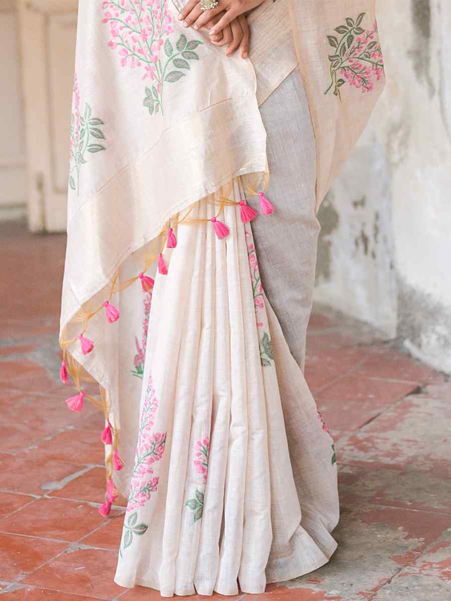 White Muga Cotton Handwoven Casual Festival Classic Style Saree