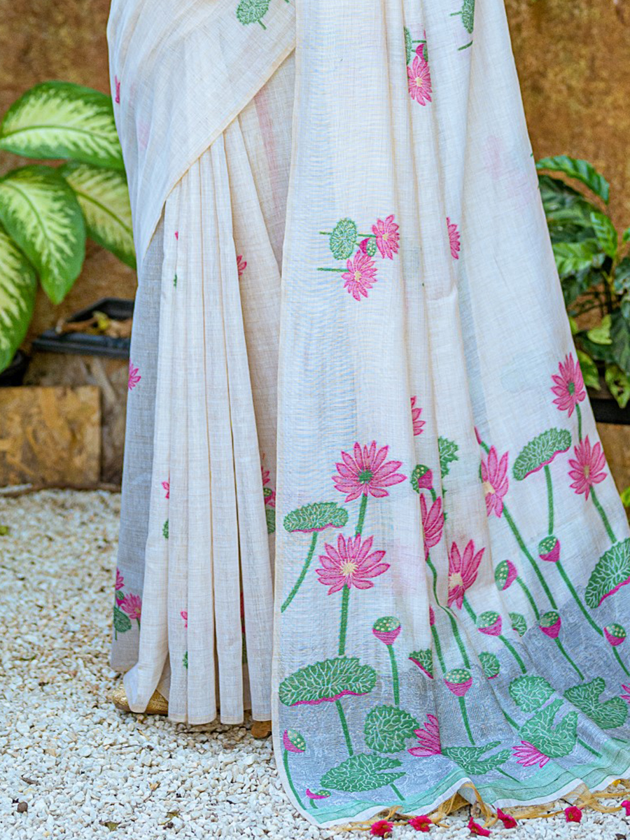 White Muga Silk Handwoven Festival Casual Classic Style Saree