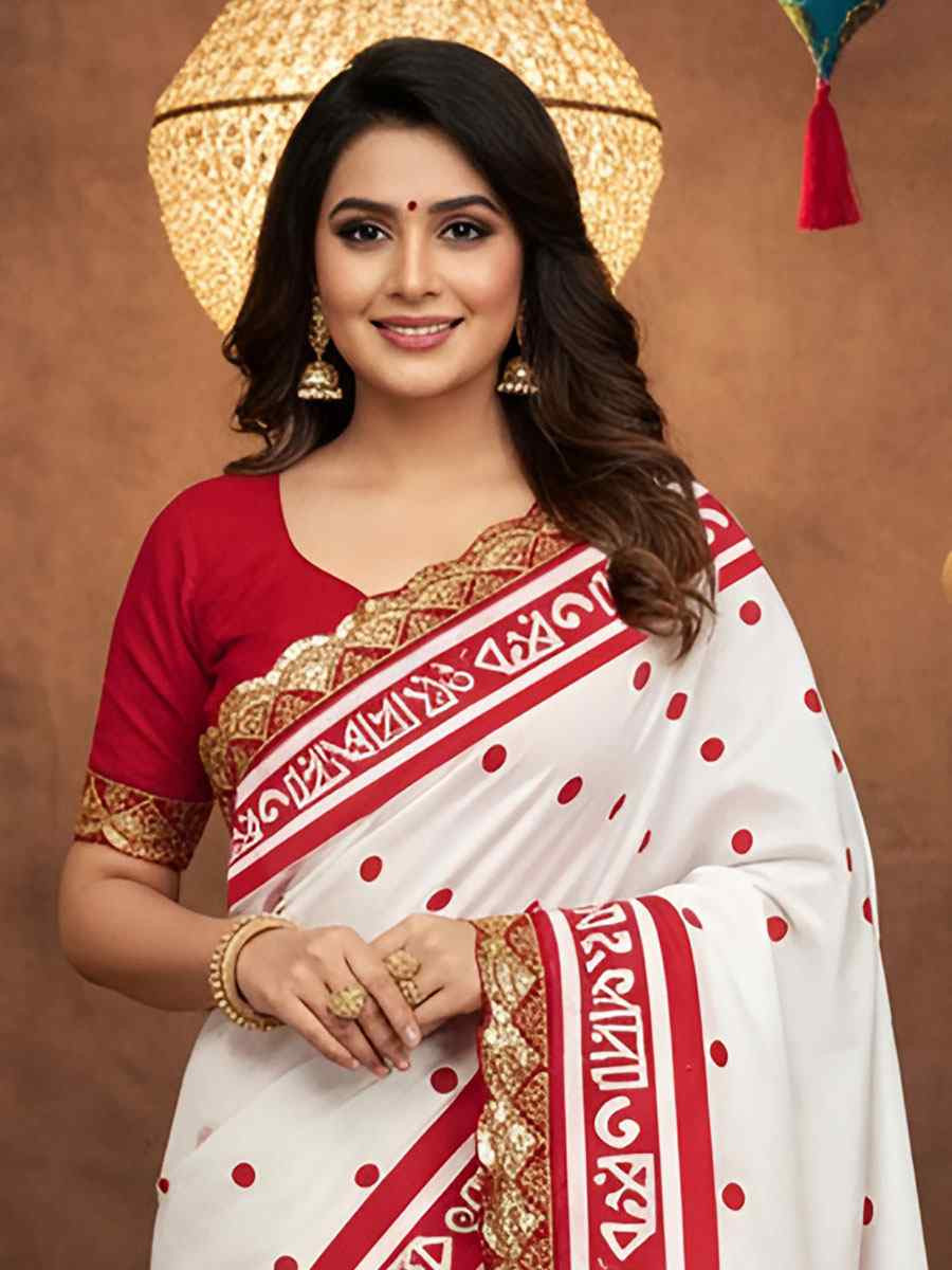 White Mulmul Cotton Hand Block Printed Festival Wedding Fancy Heavy Border Saree