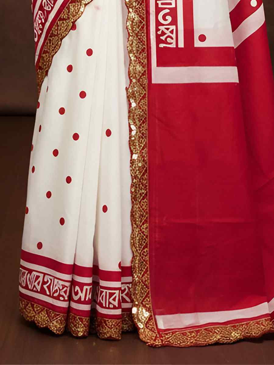 White Mulmul Cotton Hand Block Printed Festival Wedding Fancy Heavy Border Saree