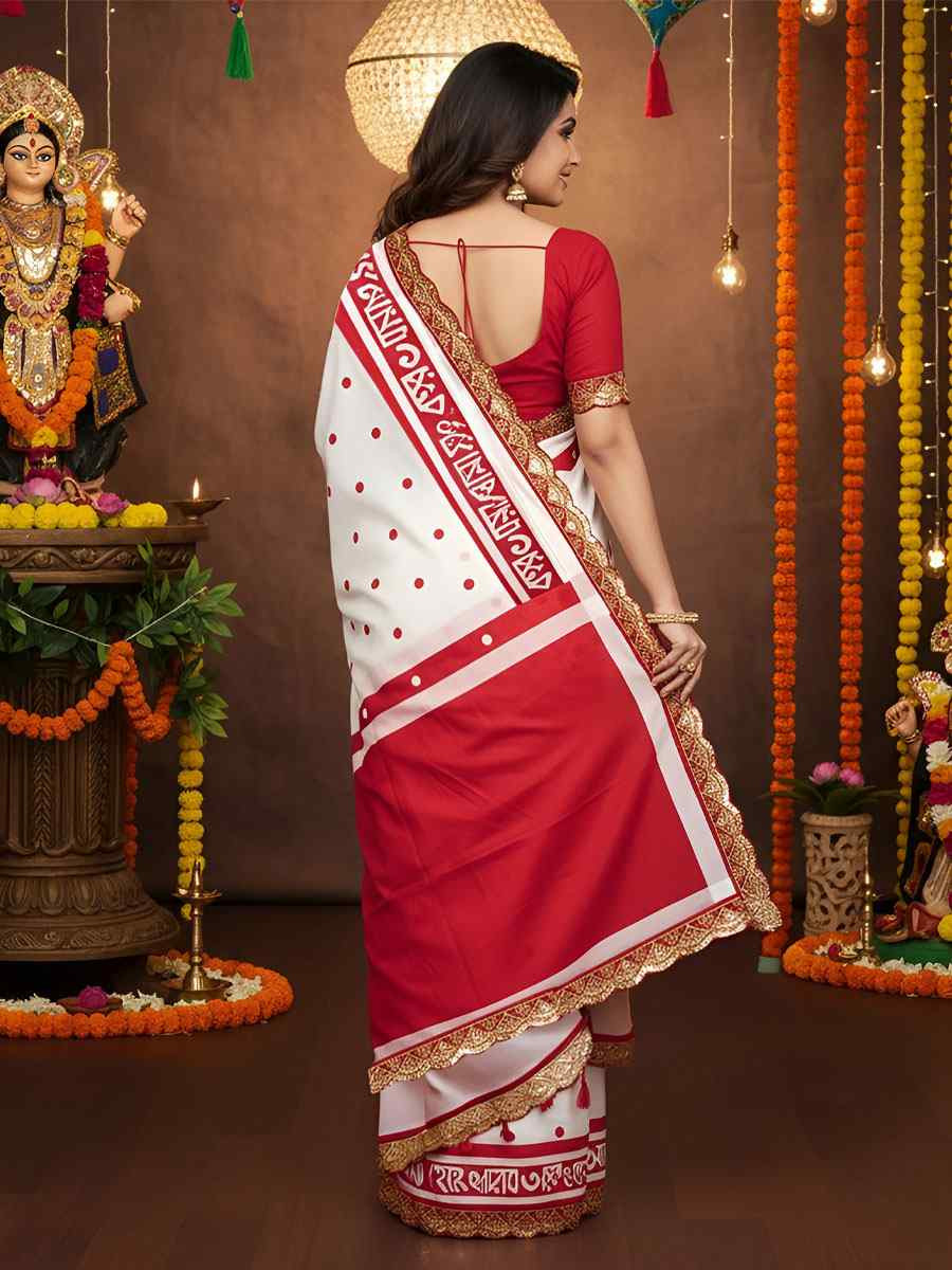 White Mulmul Cotton Hand Block Printed Festival Wedding Fancy Heavy Border Saree