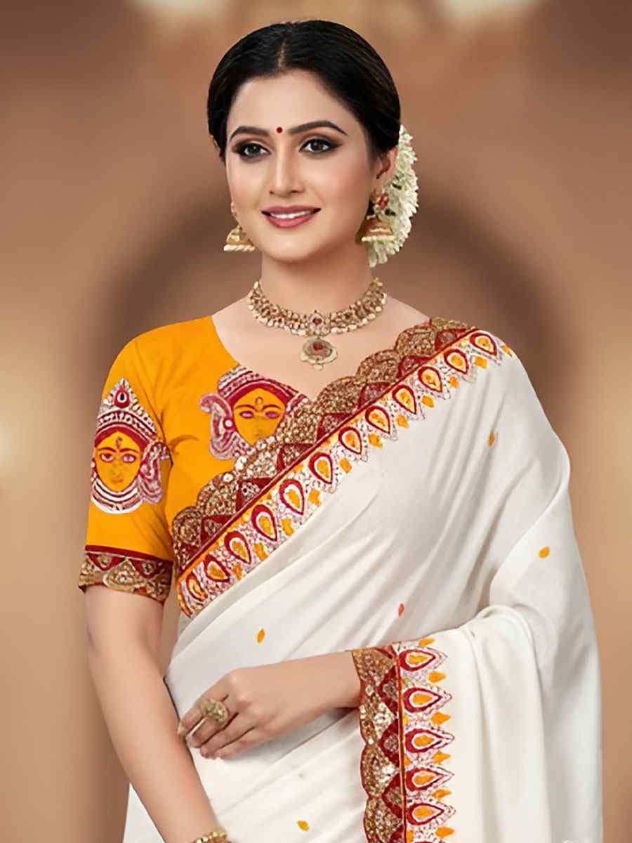 White Mulmul Cotton Hand Block Printed Festival Wedding Fancy Heavy Border Saree