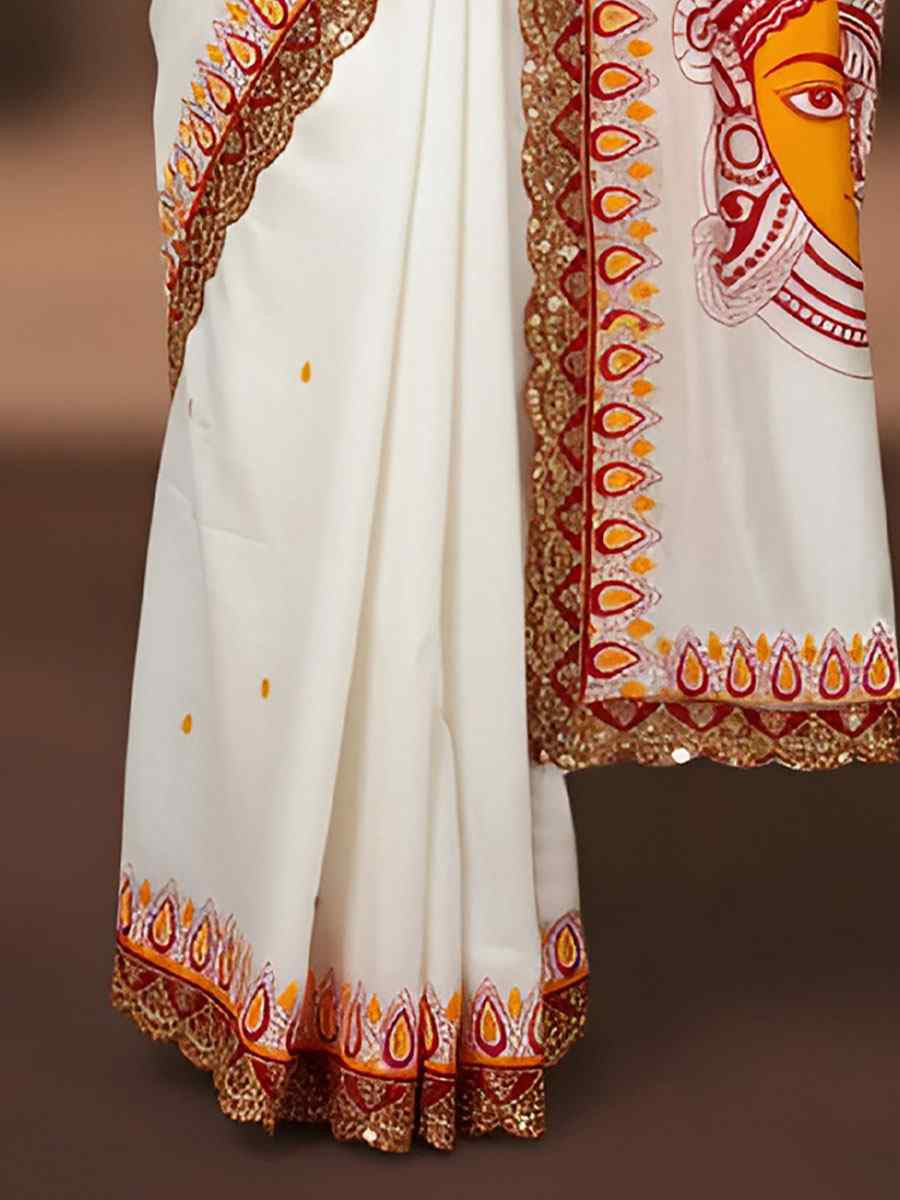 White Mulmul Cotton Hand Block Printed Festival Wedding Fancy Heavy Border Saree