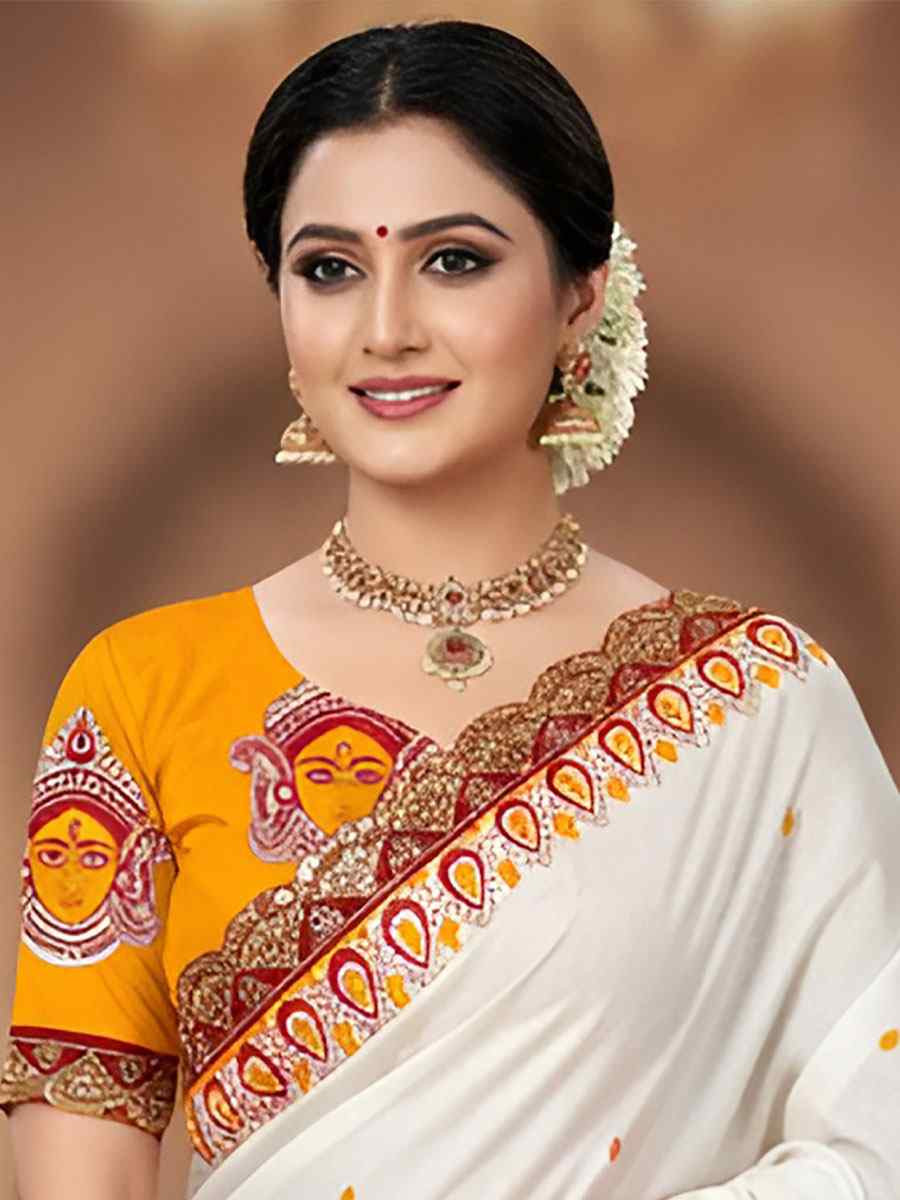 White Mulmul Cotton Hand Block Printed Festival Wedding Fancy Heavy Border Saree