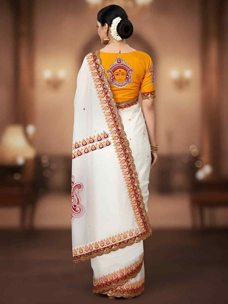 White Mulmul Cotton Hand Block Printed Festival Wedding Fancy Heavy Border Saree