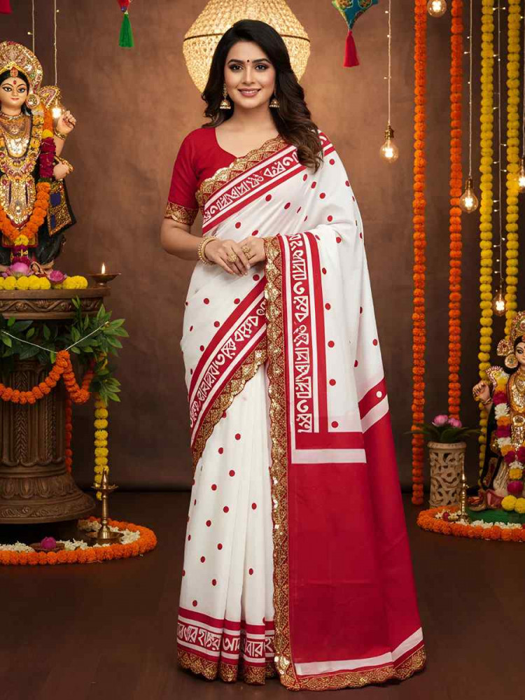 Image of White Mulmul Cotton Hand Block Printed Festival Wedding Fancy Heavy Border Saree