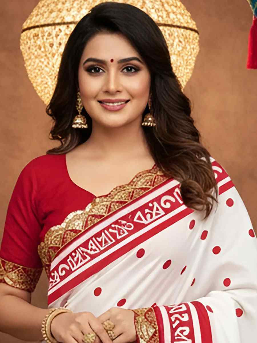 White Mulmul Cotton Hand Block Printed Festival Wedding Fancy Heavy Border Saree