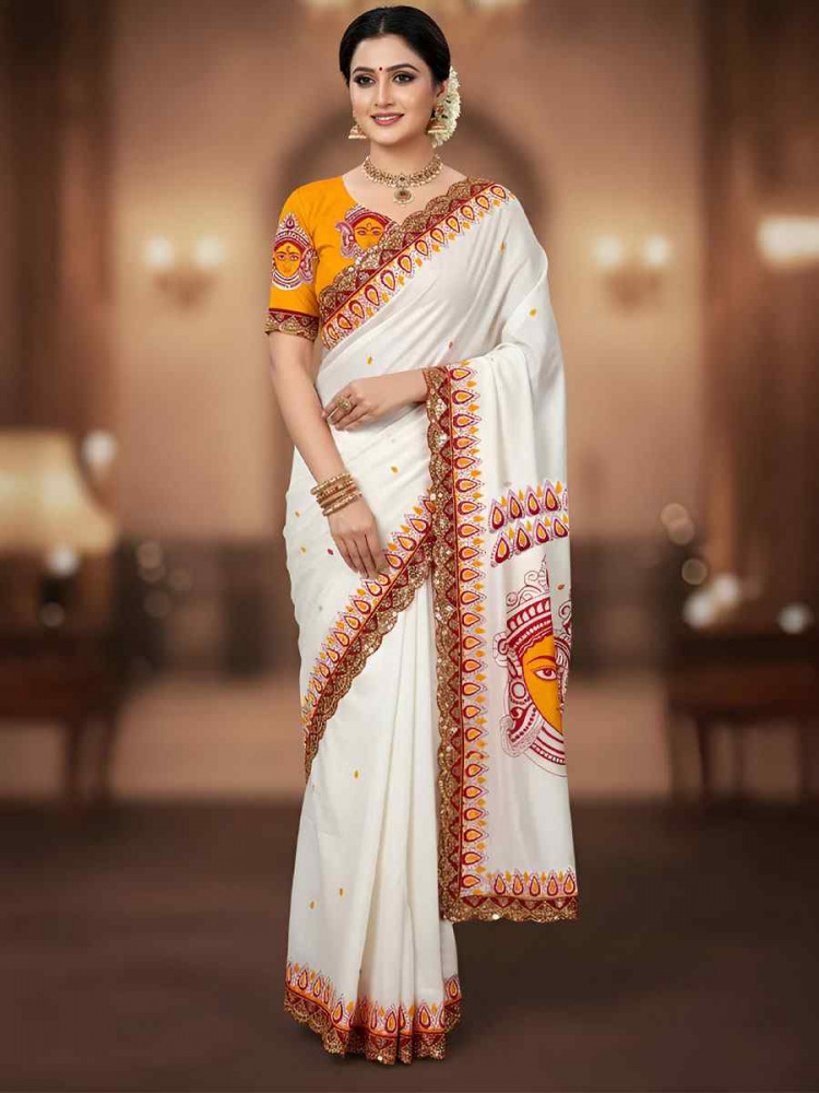 Image of White Mulmul Cotton Hand Block Printed Festival Wedding Fancy Heavy Border Saree