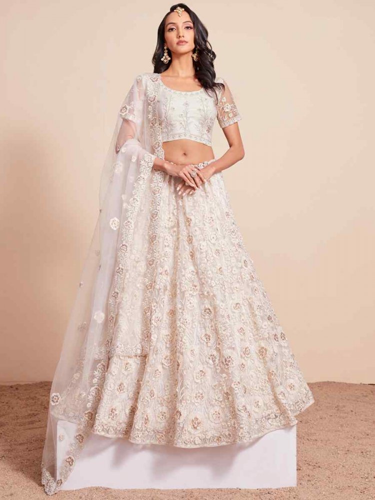 White Net Embroidered Bridesmaid Wedding Heavy Border Lehenga Choli