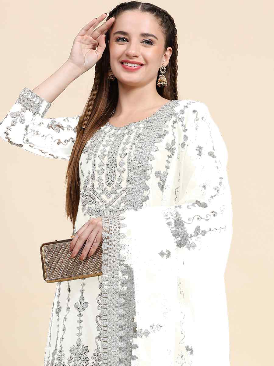 White Net Embroidered Festival Mehendi Pant Salwar Kameez